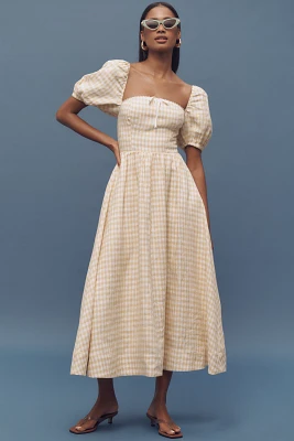 Reformation Marella Linen Puff-Sleeve Dress