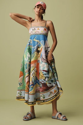 ALÉMAIS Lucky Pace Shirred Linen Midi Sun Dress