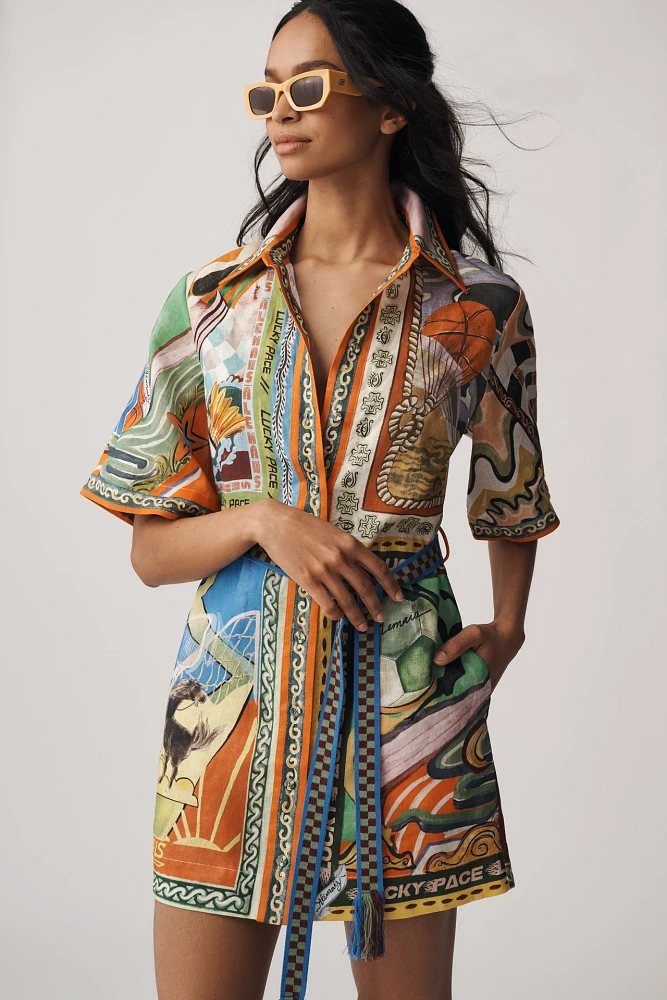 ALÉMAIS Lucky Pace Linen Short-Sleeve Belted Mini Shirt Dress