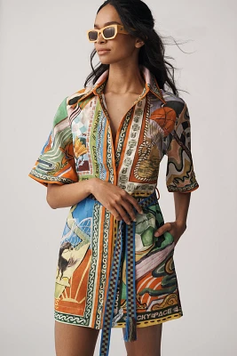 ALÉMAIS Lucky Pace Linen Short-Sleeve Belted Mini Shirt Dress