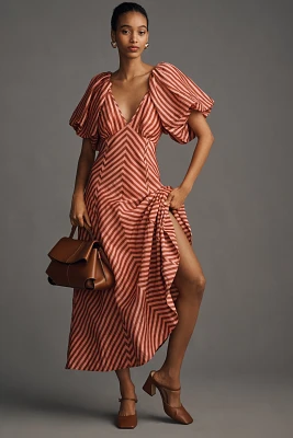 Lovaan Tess Puff-Sleeve Linen-SIlk Midi Dress