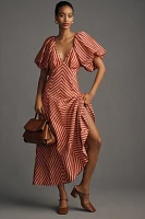 Lovaan Tess Puff-Sleeve Linen-SIlk Midi Dress