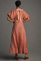 Lovaan Tess Puff-Sleeve Linen-SIlk Midi Dress