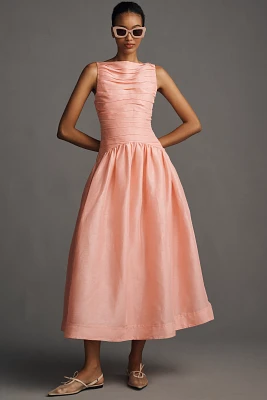 Lovaan Val Sleeveless Ruched Linen-Silk Midi Dress