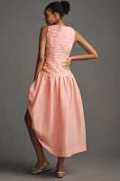Lovaan Val Sleeveless Ruched Linen-Silk Midi Dress