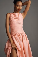 Lovaan Val Sleeveless Ruched Linen-Silk Midi Dress