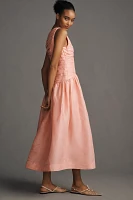Lovaan Val Sleeveless Ruched Linen-Silk Midi Dress