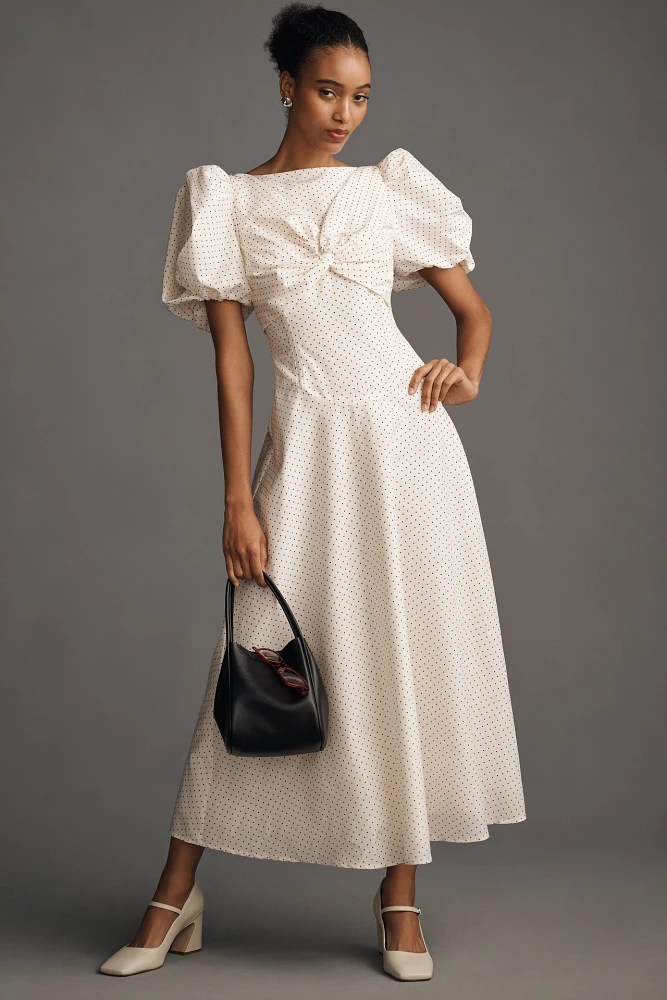 Lovaan Tallulah Puff-Sleeve A-Line Cotton-Silk Midi Dress