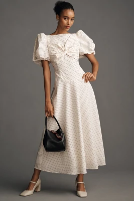 Lovaan Tallulah Puff-Sleeve A-Line Cotton-Silk Midi Dress