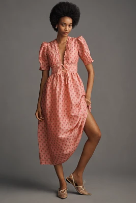 Lovaan Boehm Short-Sleeve V-Neck Linen-Silk Midi Dress