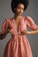 Lovaan Boehm Short-Sleeve V-Neck Linen-Silk Midi Dress