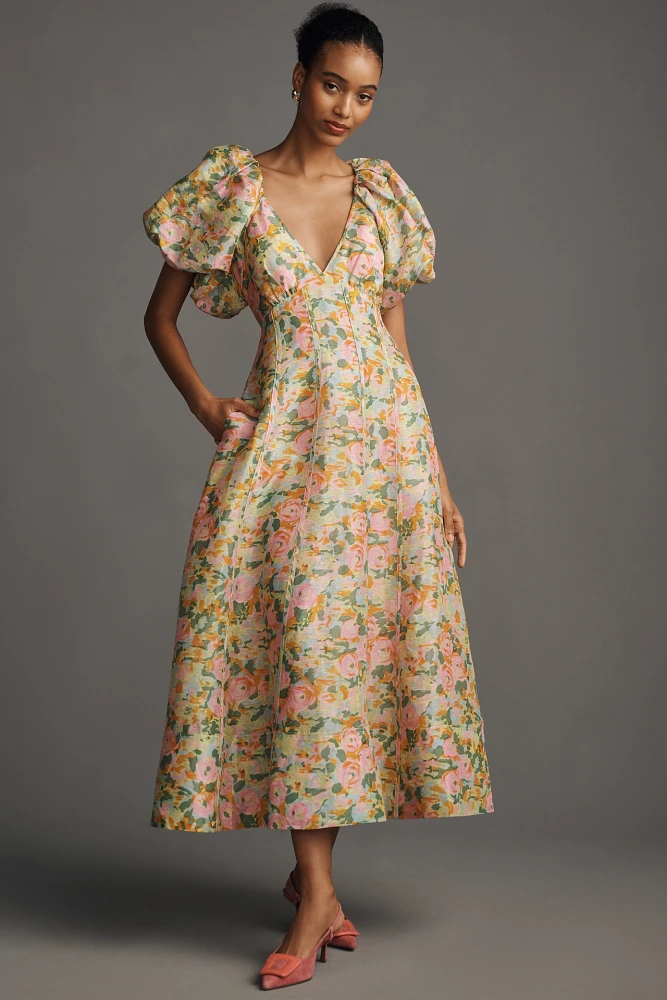 Lovaan Lorna Puff-Sleeve V-Neck Linen-Silk Maxi Dress