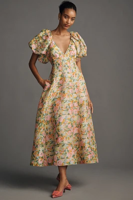 Lovaan Lorna Puff-Sleeve V-Neck Linen-Silk Maxi Dress