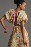 Lovaan Lorna Puff-Sleeve V-Neck Linen-Silk Maxi Dress