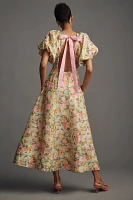 Lovaan Lorna Puff-Sleeve V-Neck Linen-Silk Maxi Dress
