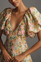 Lovaan Lorna Puff-Sleeve V-Neck Linen-Silk Maxi Dress