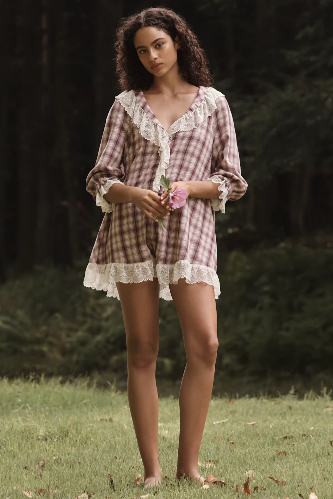 By Anthropologie Flannel Pajama Romper