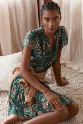 Victoria Garcia Flutter-Sleeve Tiered Pajama Dress