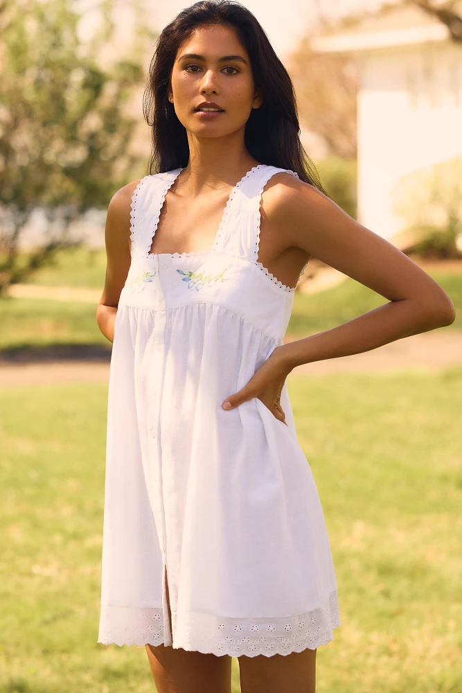 Damson Madder Elspeth Linen Blend Embroidered Mini Nap Dress