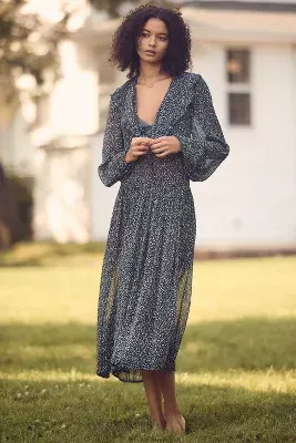 By Anthropologie Long-Sleeve Printed Sheer Midi Dress
