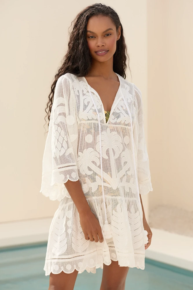 Farm Rio Palm Tree Cutwork Embroidered Cover-Up Mini Dress