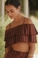 By Anthropologie Off-The-Shoulder Plissé Ruffled Crop Top