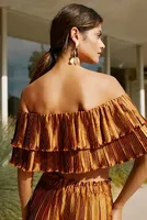 By Anthropologie Off-The-Shoulder Plissé Ruffled Crop Top