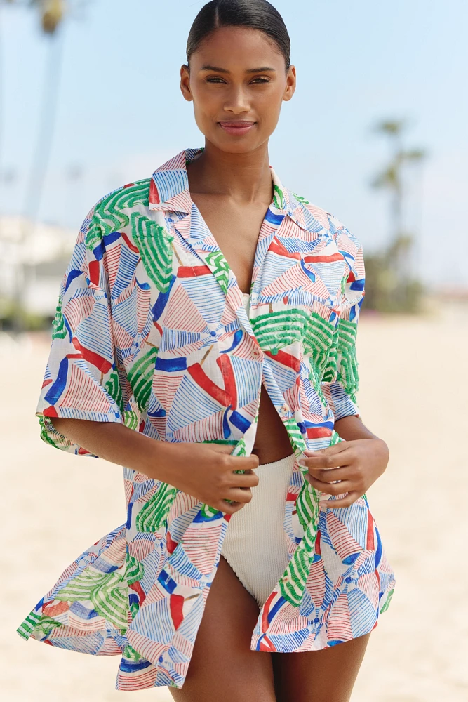 Celandine Oversized Short-Sleeve Buttondown Shirt