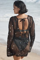 Celandine Long-Sleeve Sheer Sequin Mesh Cover-Up Mini Dress