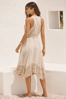 By Anthropologie Linen Halter Fringe Midi Dress