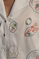 Celandine Picnic Embroidered Poplin Short Sleeve Buttondown Shirt