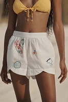 Celandine Picnic Embroidered Poplin Scalloped Pull-On Shorts