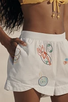 Celandine Picnic Embroidered Poplin Scalloped Pull-On Shorts