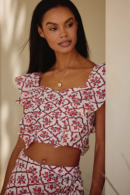 Ro's Garden Caracas Cotton Flutter-Sleeve Square-Neck Blouse