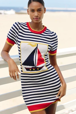 Flat White Knit Short-Sleeve Crew-Neck Mini Dress