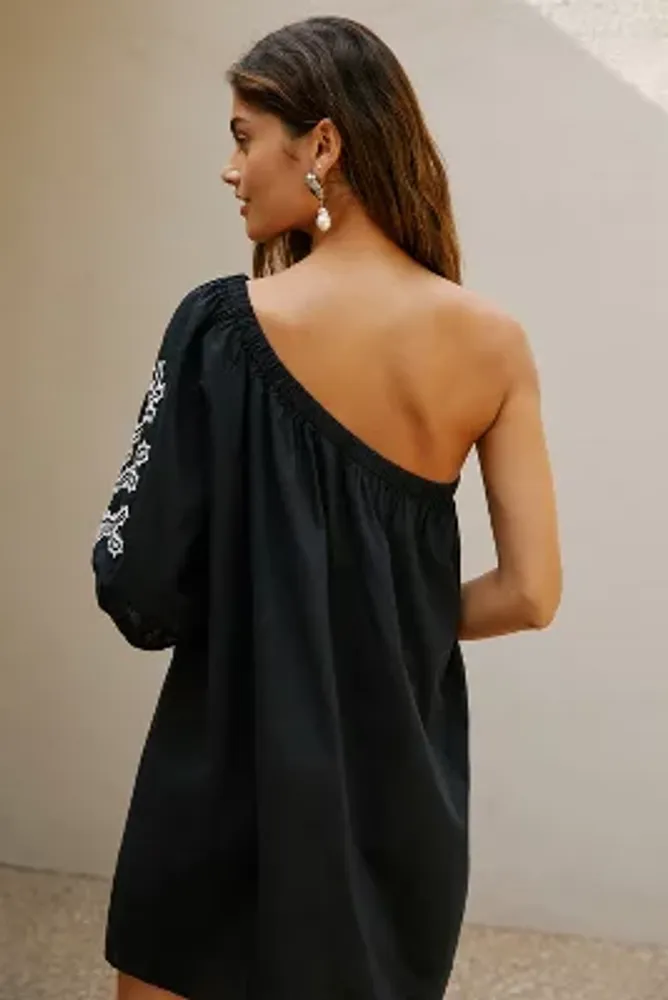 By Anthropologie One-Shoulder Embroidered Mini Dress