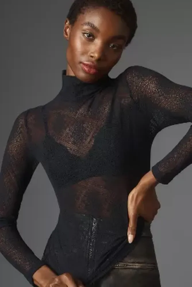 By Anthropologie Sheer Lace Long-Sleeve Bodysuit