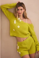 Flat White Long-Sleeve Crochet Flower Sweater