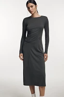 Daily Practice Elbow-Sleeve Side-Ruched Midi Dress