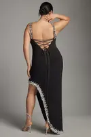 Mac Duggal Plus Lace-Up Asymmetrical Side-Slit Embellished-Hem Dress