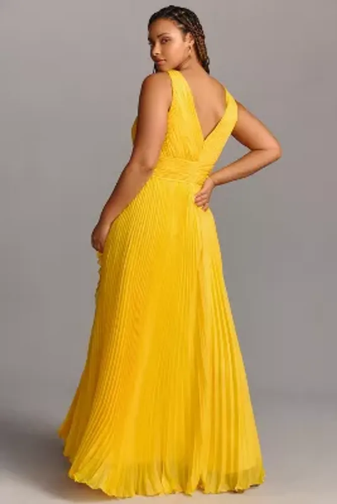 Mac Duggal Plus Chiffon Pleated V-Neck Ruffle Gown