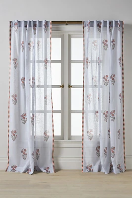 Cotton Block Print Curtain with Striped Trim
