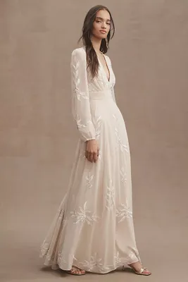 BHLDN Belize Embroidered A-Line Long-Sleeve V-Neck Gown