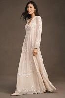 BHLDN Belize Embroidered A-Line Long-Sleeve V-Neck Gown