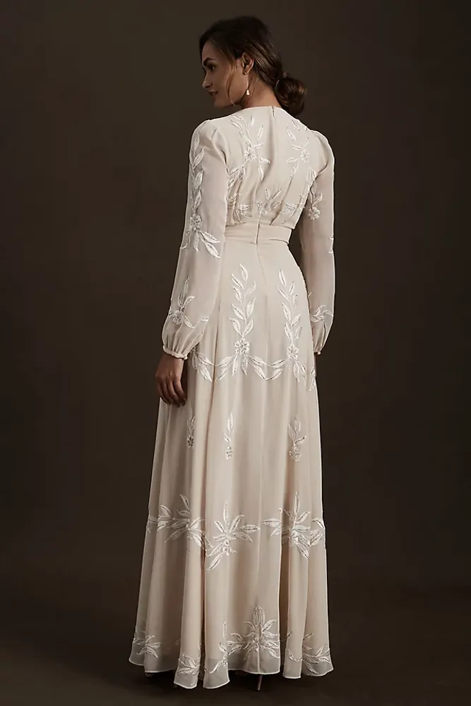 BHLDN Belize Embroidered A-Line Long-Sleeve V-Neck Gown