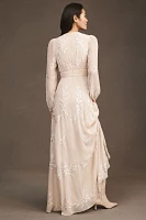 BHLDN Belize Embroidered A-Line Long-Sleeve V-Neck Gown