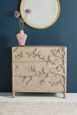 Handcarved Ornithology Three-Drawer Dresser