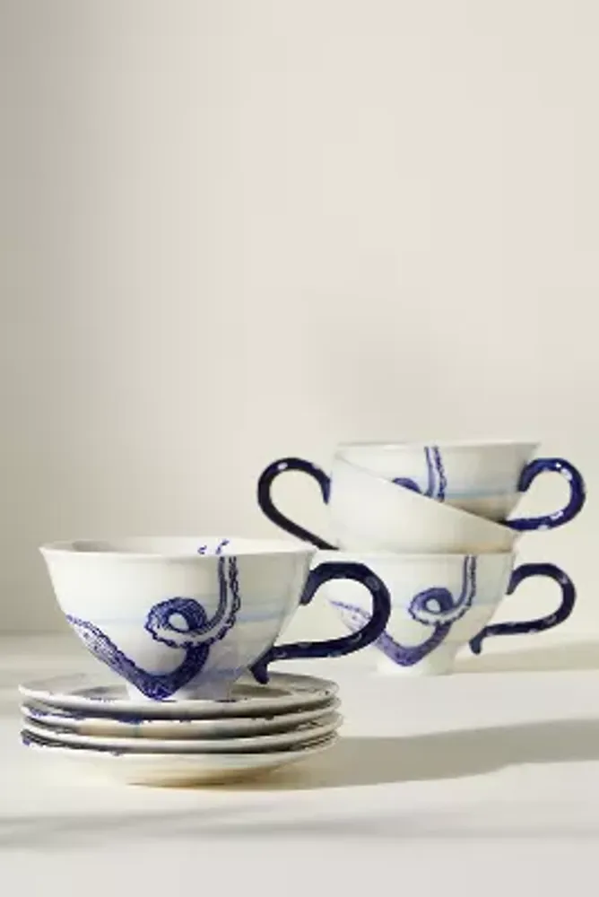 Williams Sonoma Brasserie All-White Porcelain Cups & Saucers, Set of 4