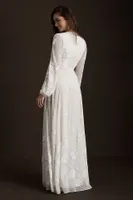 BHLDN Nassau Long-Sleeve Deep-V Embroidered Side-Slit Wedding Gown