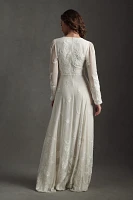 BHLDN Nassau Long-Sleeve Deep-V Embroidered Side-Slit Wedding Gown